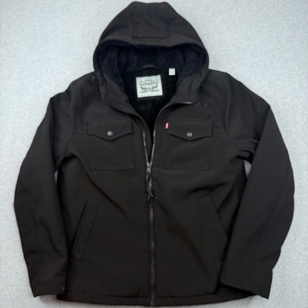 Levis Mens Black Softshell Sherpa Lined Hooded Jacket LM4KP012 Size L Workwear